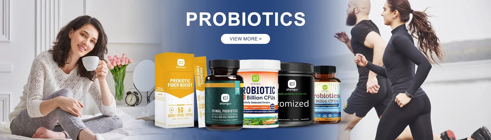 A man and woman in a gym holding protein powder and vitamin bottles from a supplement manufacturer